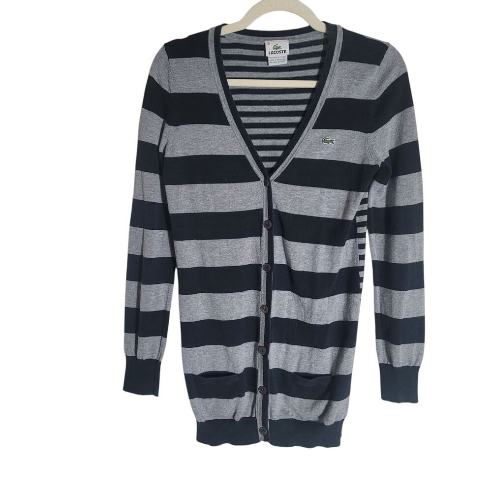 Lacoste Striped Cardigan Sweater Women's 36 Small Gray Black Academia Preppy Y2K